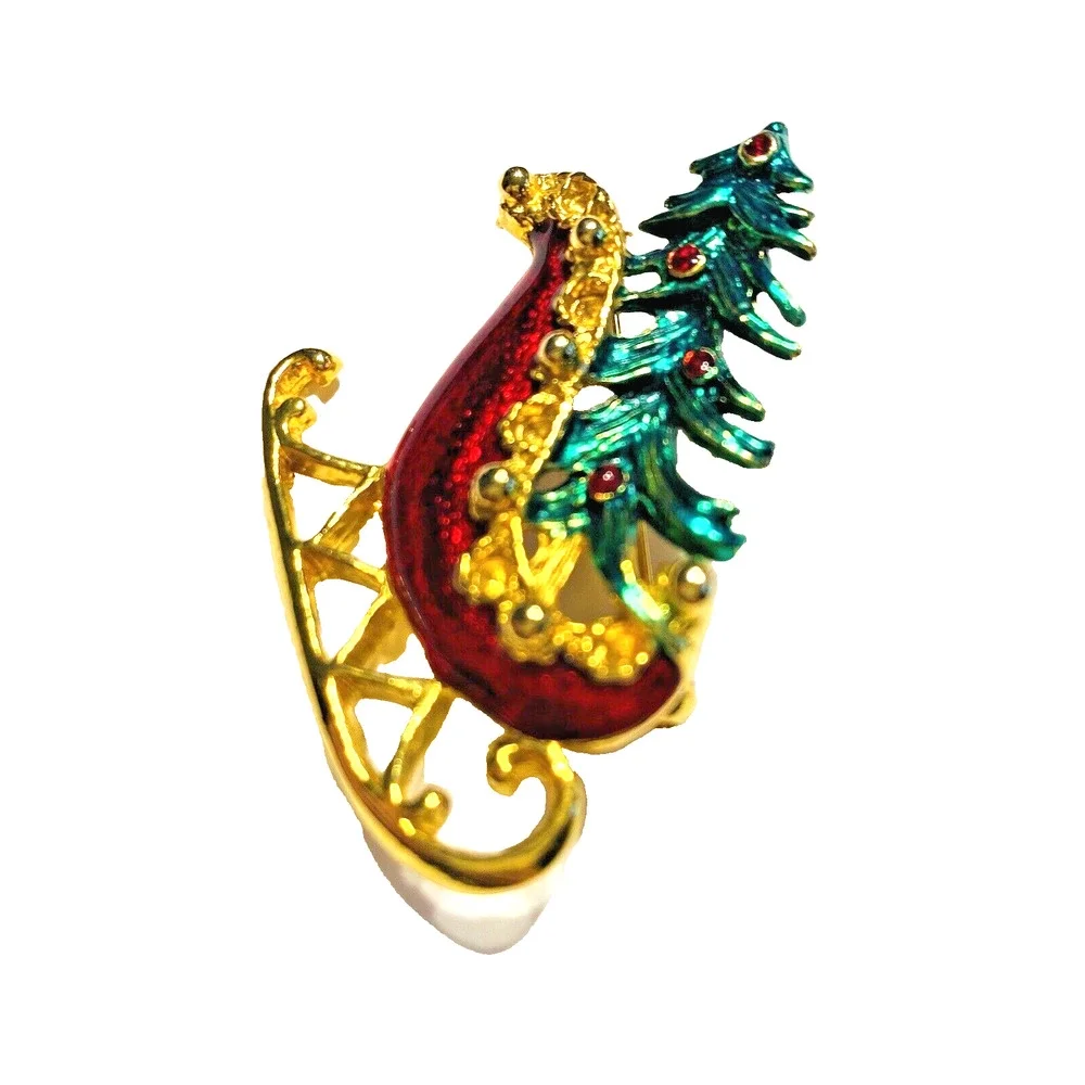 Vintage Christmas Brooch Santa's Red Sleigh & Tree Gold Festive Holiday Pin